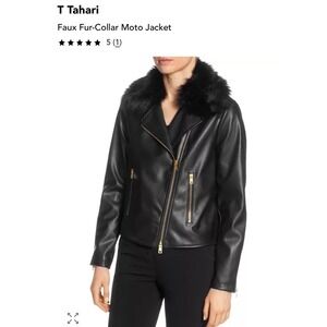 NWT Tahari Womens Moto Jacket Black Faux Fur-Collar Zip Pockets S Crop Biker
